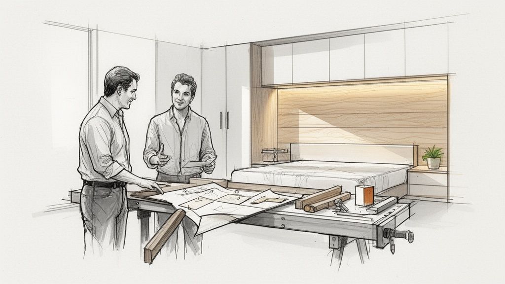 To mænd diskuterer tegninger ved en arbejdsbænk i et soveværelse med indbyggede skabe og seng.