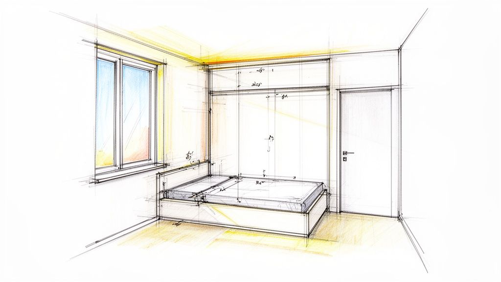 Skitseret soveværelse med indbygget seng og overskab, vindue og dør, med tydelige mål.