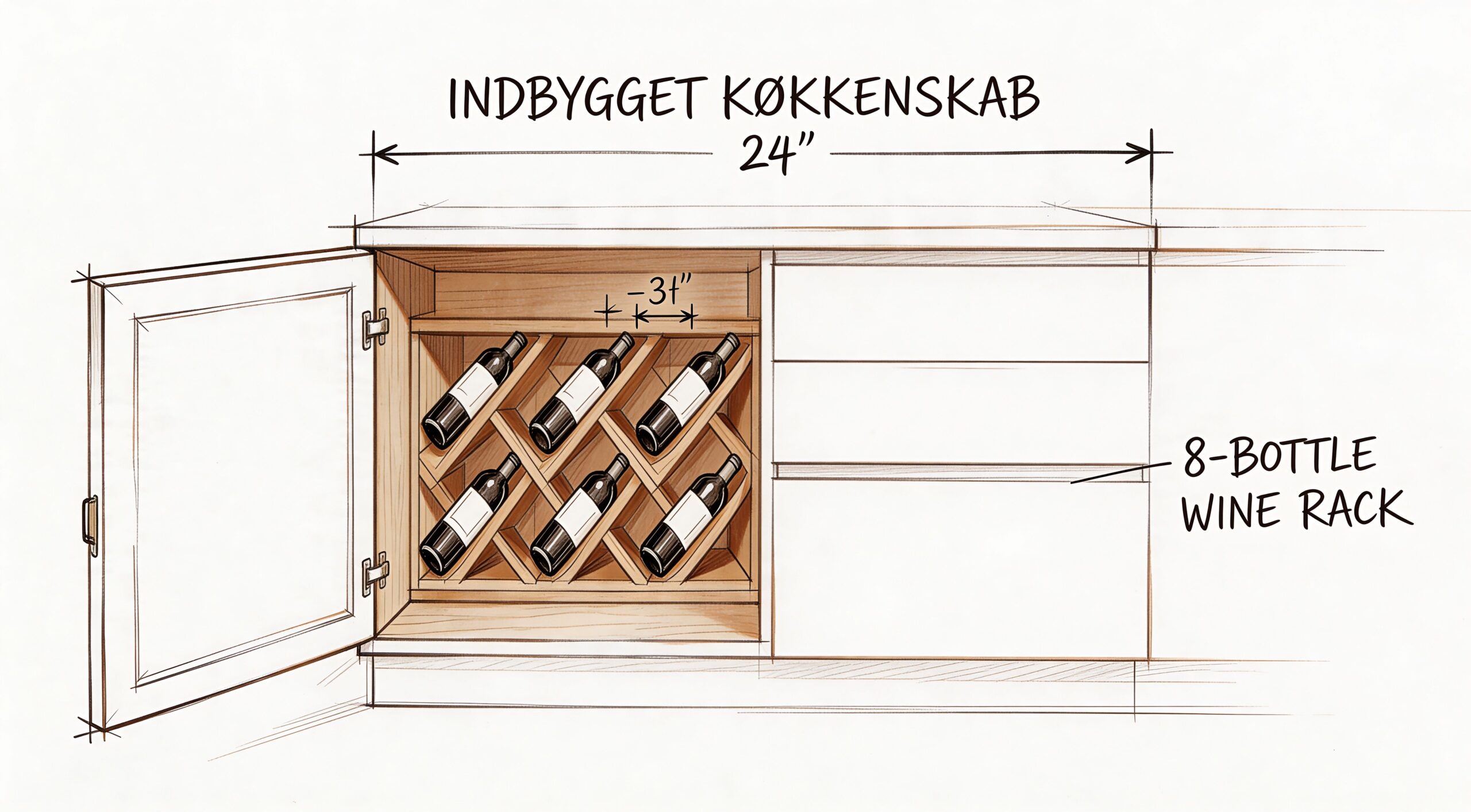 Snedkerarbejde af vinkøleskab i træ med specialdesignet opbevaringsløsning.