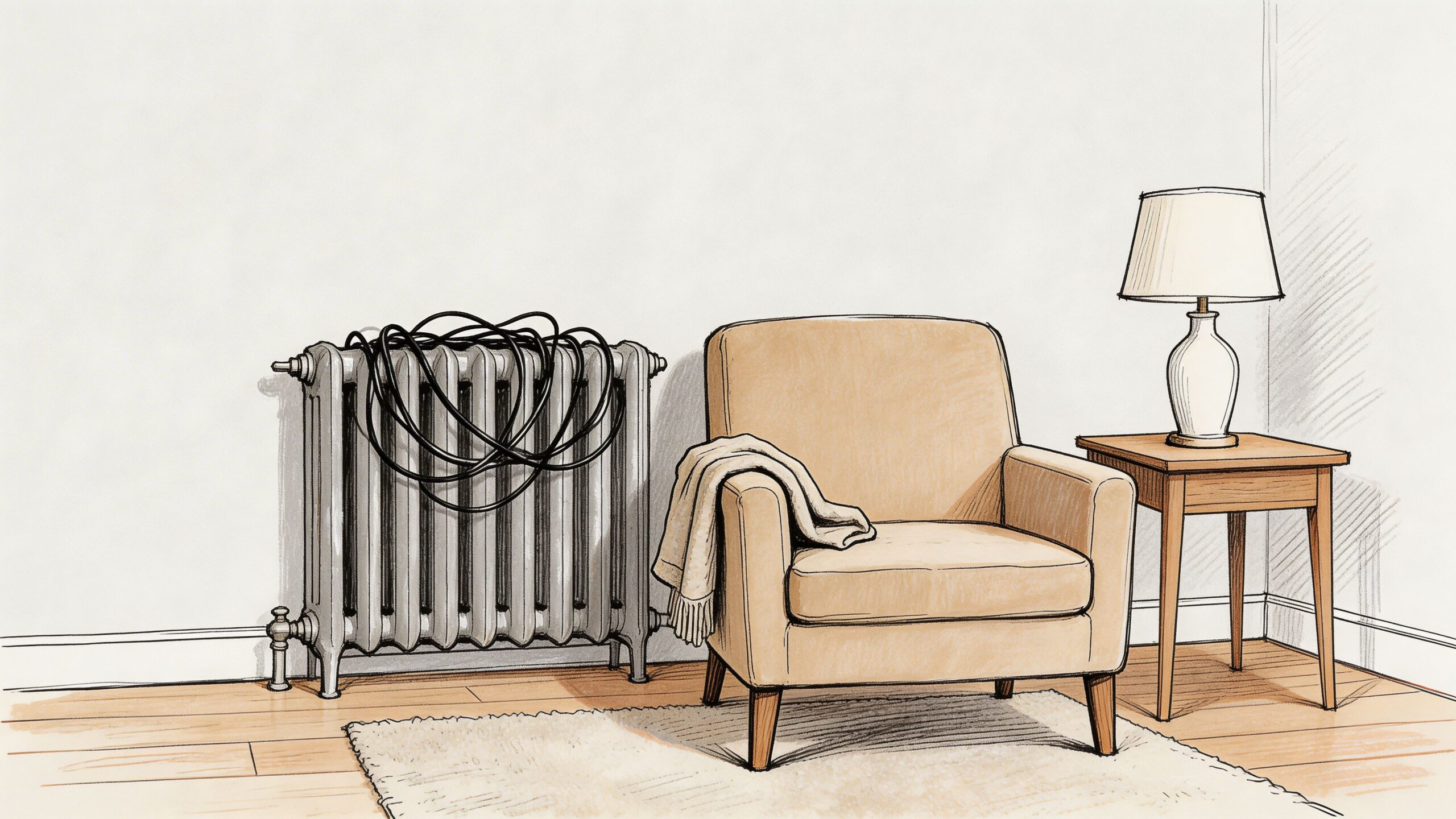 En hyggelig lænestol placeret ved siden af en klassisk støbejernsradiator med en ledning ovenpå i en stue.