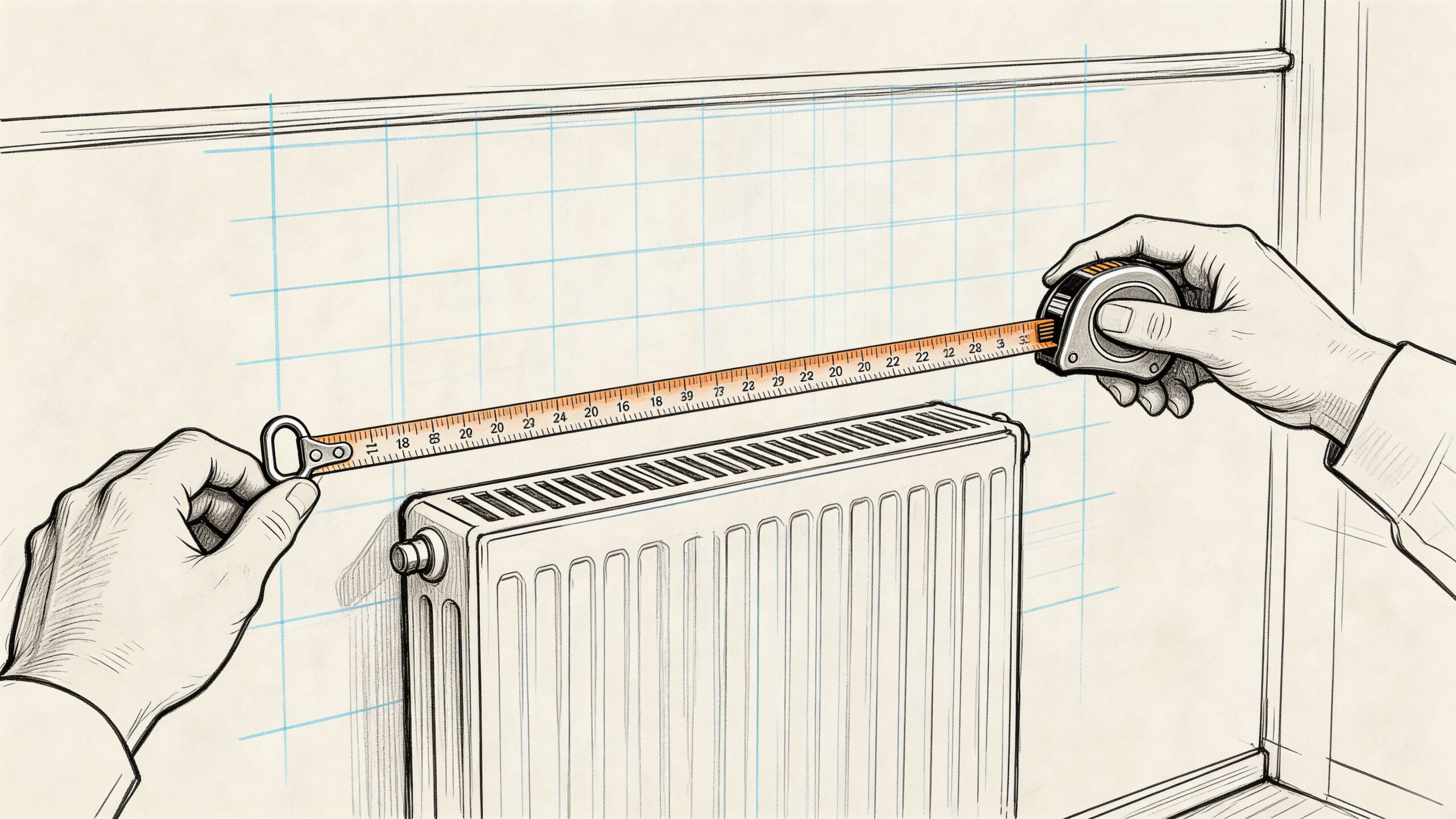 En person måler bredden af en radiator med et målebånd for at forberede montering af en radiatorskjuler.