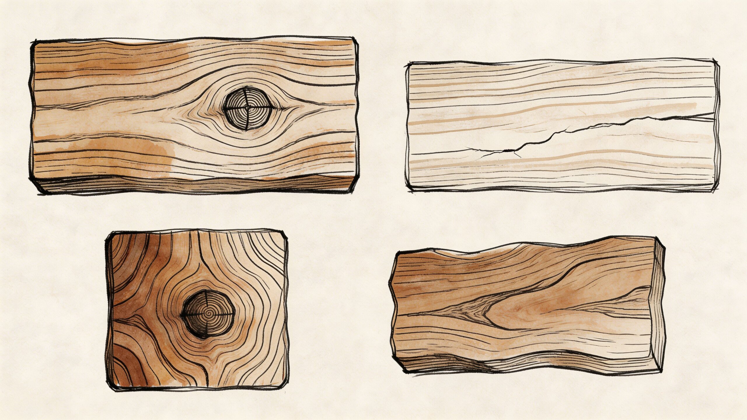 En illustration af fire forskellige træstykker med varierende åremønstre, knaster og teksturer til brug i design.