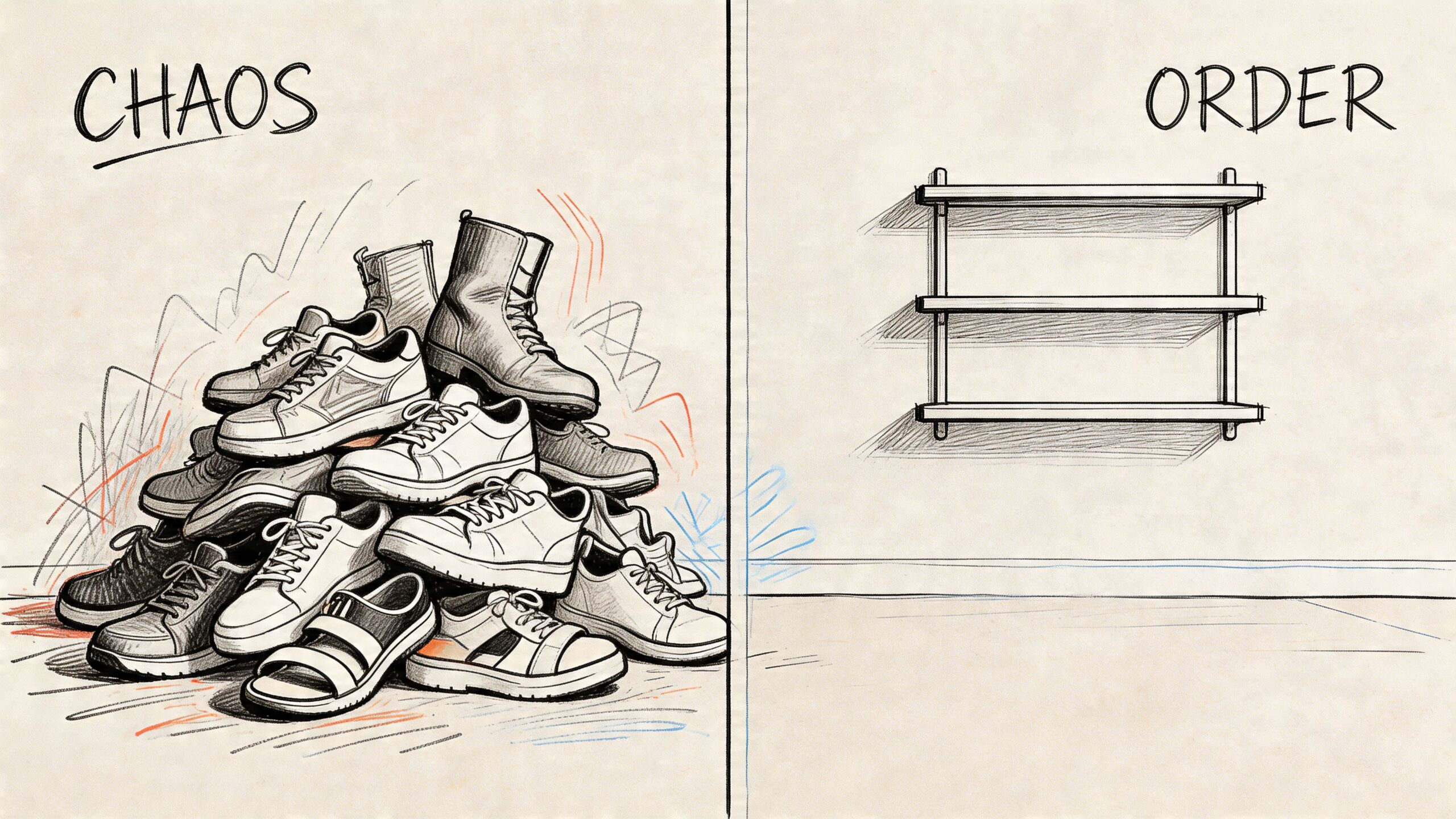 En illustration der sammenligner en rodet bunke sko med en tom skohylde til vægmontering.