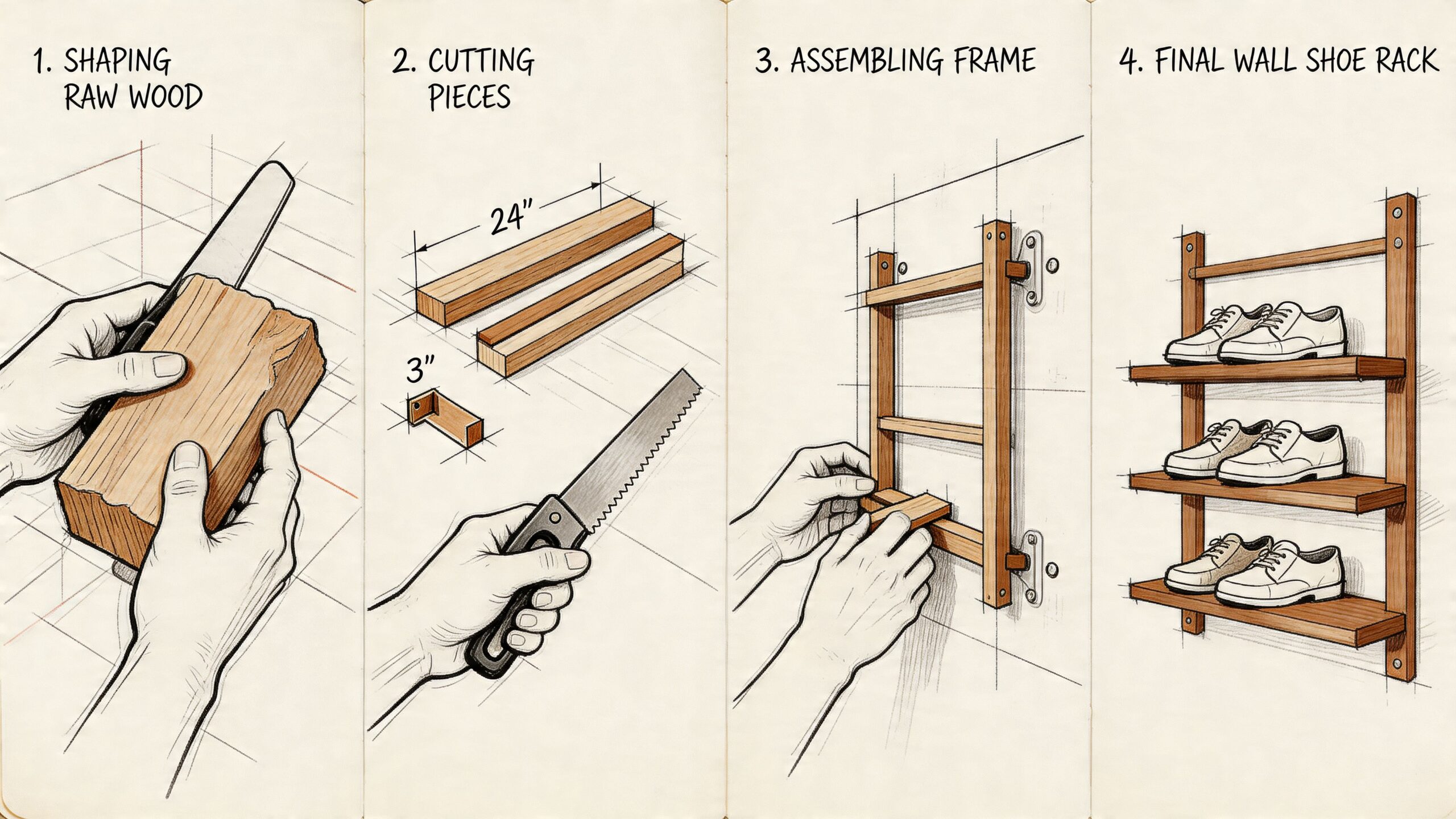 Illustration der viser fire trin til at bygge en gør-det-selv skohylde af træ til væggen.