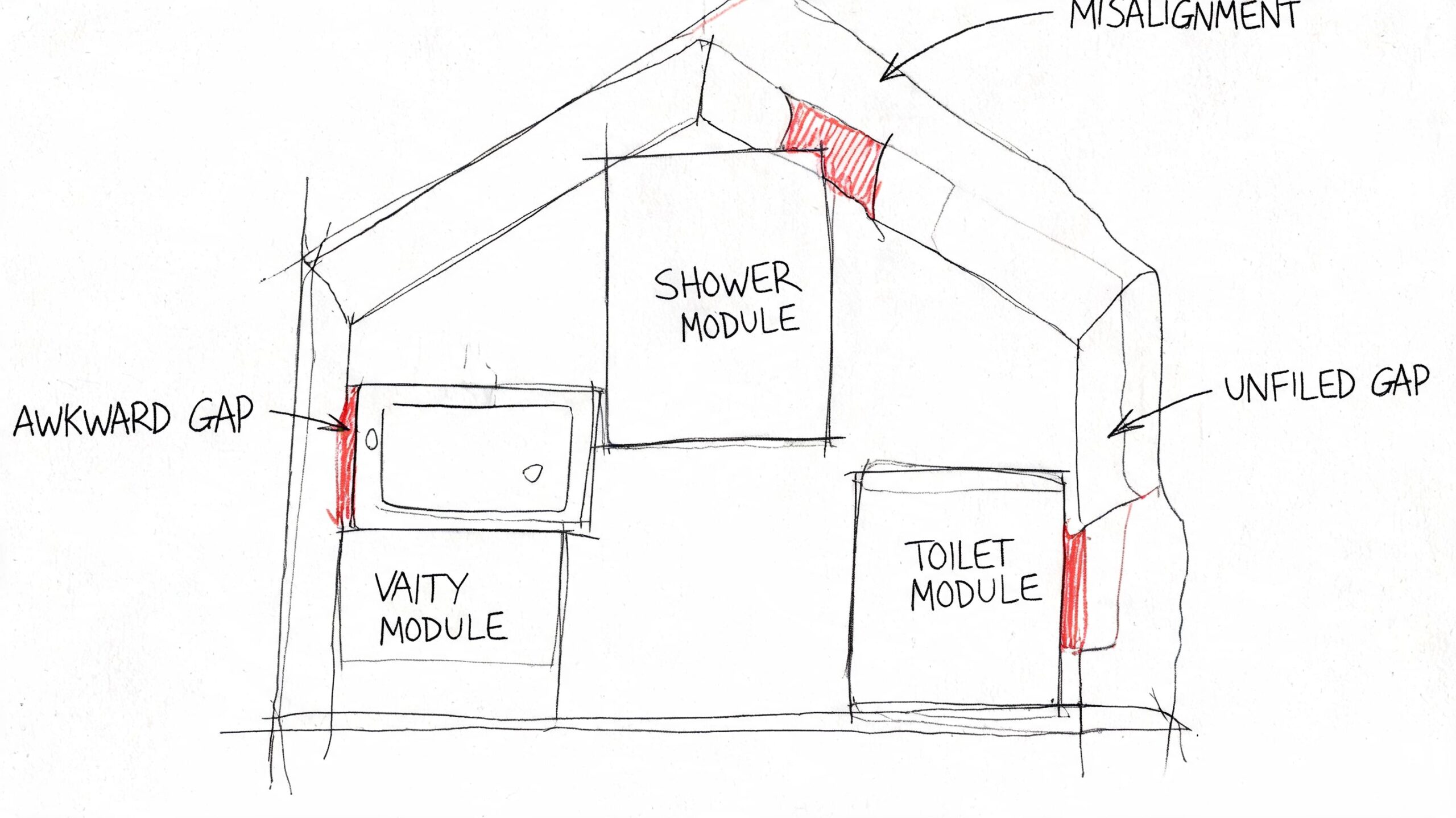 Håndtegnet skitse af badeværelseslayout med modulopbyggede møbler, der viser udfordringer med pladstilpasning og arkitektonisk misalignment.