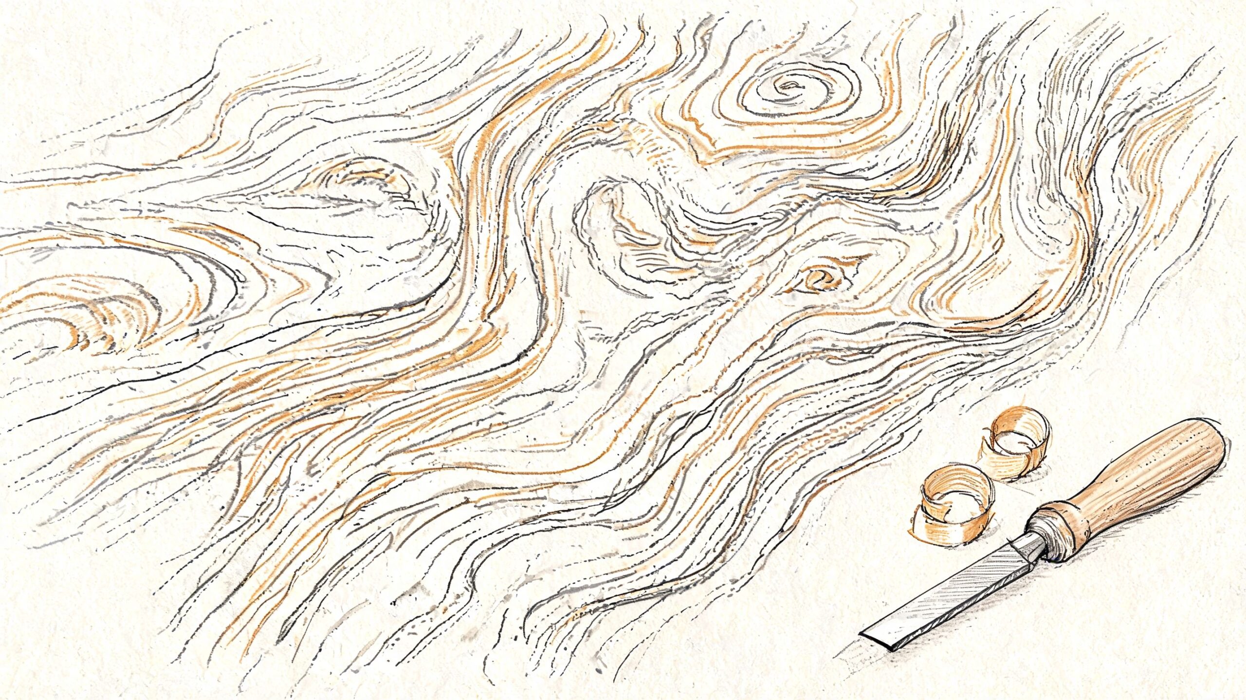 En detaljeret illustration af træårer med et stemmejern og træspåner til møbelarbejde i en bogreol.