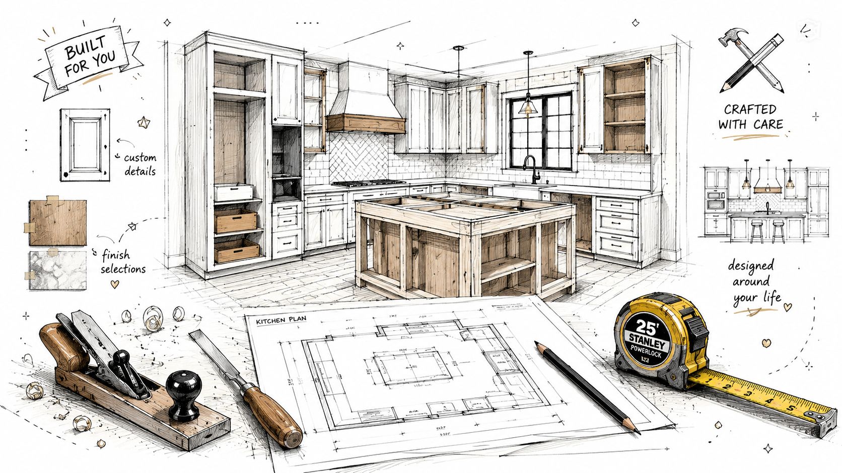 En detaljeret arkitektonisk skitse af et moderne køkkendesign med målebånd og tegneværktøjer på et arbejdsbord.