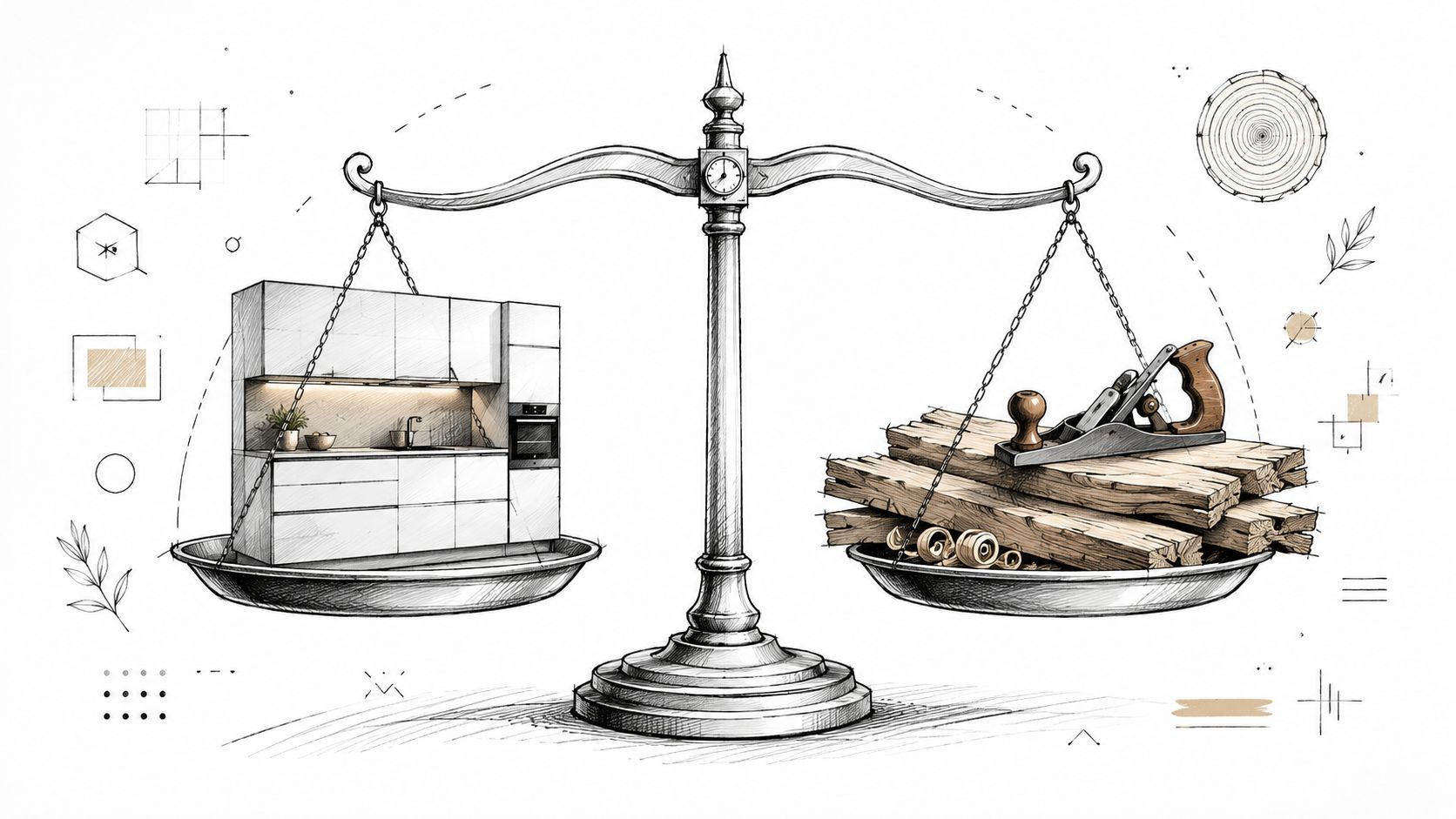 Vægtskala med træmaterialer og moderne møbler til indretning.