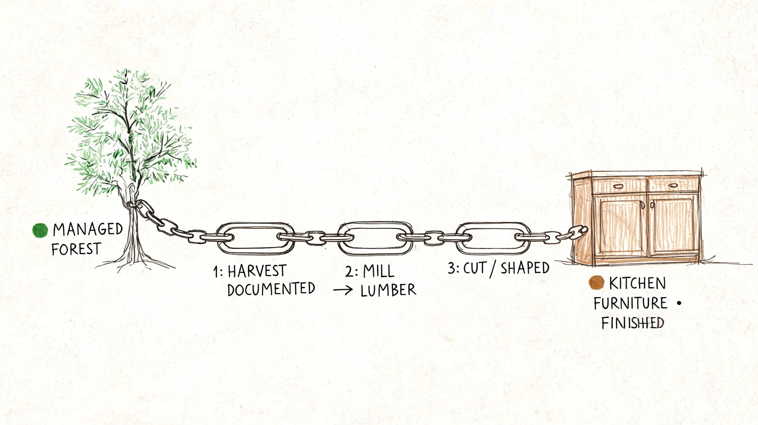 Illustration der viser FSC-certificeret træs rejse fra en bæredygtig skov til færdige køkkenmøbler gennem tre trin.