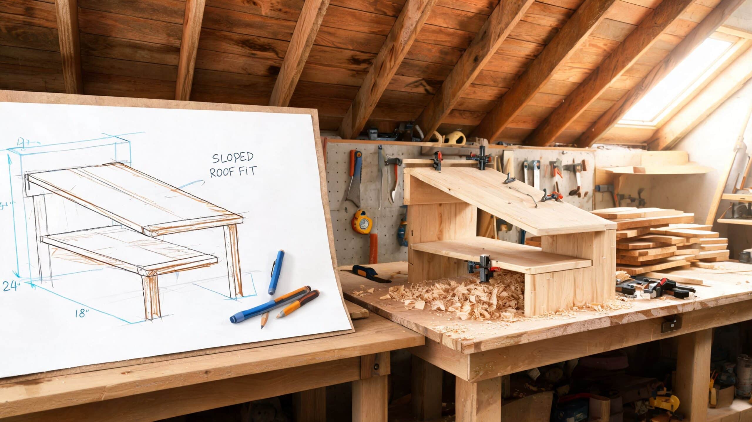 En træmodel af en møbelkonstruktion til skråvægge placeret ved siden af en arkitekttegning på et værkstedsbord.