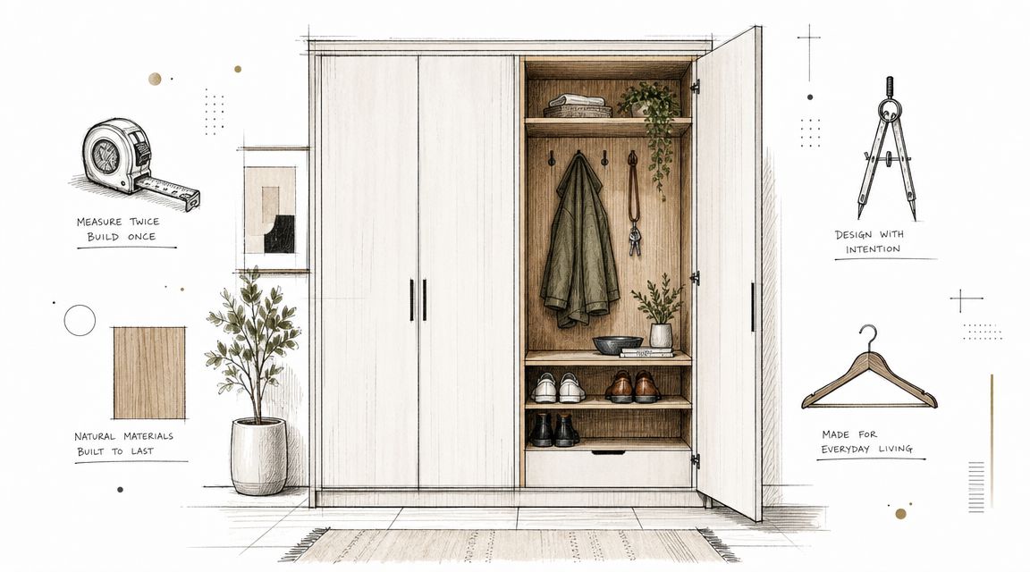 Skræddersyet modulskab med garderobe og opbevaringsplads i træfinish.