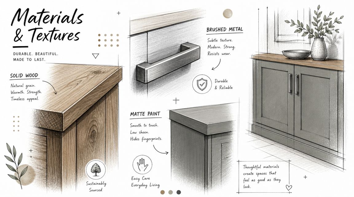 Illustration af materialer til møbler som massivt træ, børstet metal og mat maling til boligindretning.