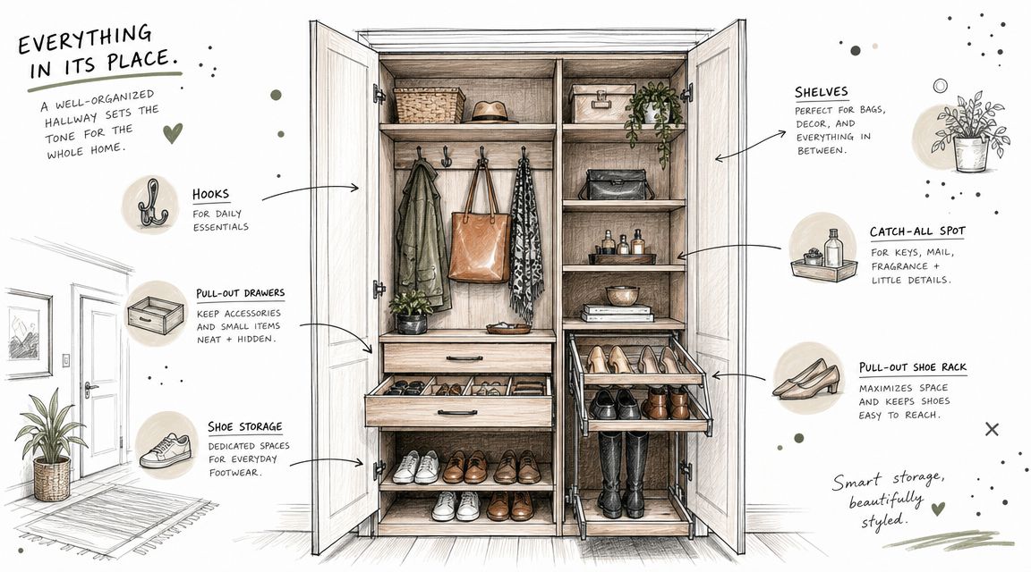 En detaljeret illustration af et velorganiseret skab til gangen med plads til sko, tasker og tilbehør.