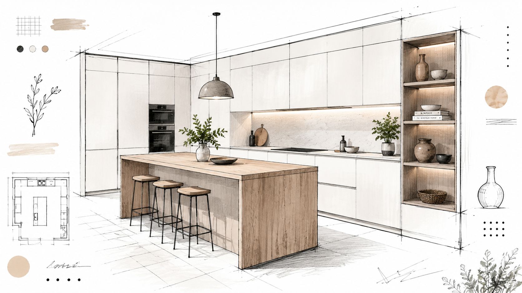 Moderne køkken med minimalistisk hvidt design og træøer, central ø med siddepladser, perfekt til mod.