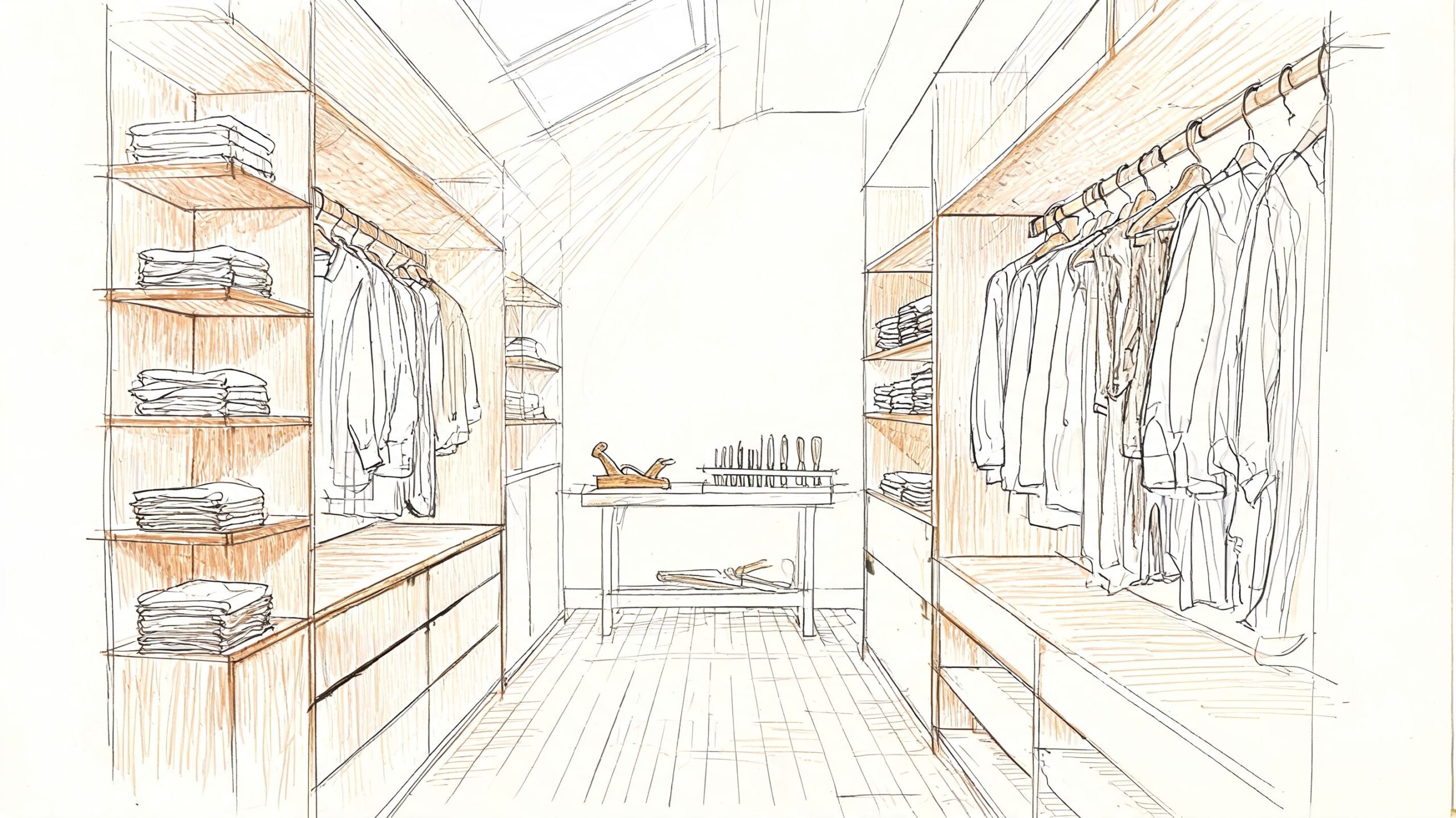 En arkitektonisk skitse af en stilfuld garderobe med bøjler, hylder og et arbejdsbord i midten.