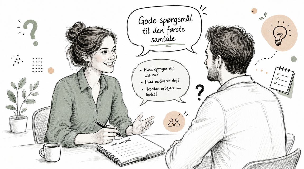 En illustration af en samtale mellem to personer, der diskuterer gode spørgsmål til den første samtale.