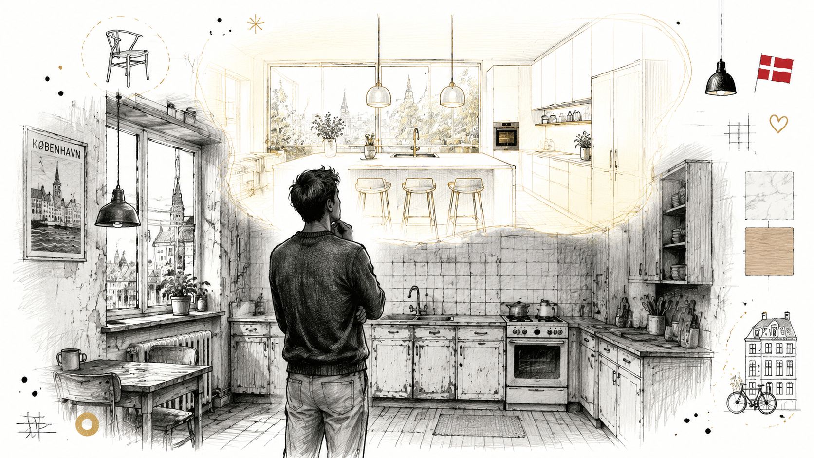 En person drømmer om en moderne køkkenrenovering med udsigt til smukke københavnske bygninger fra et traditionelt rum.