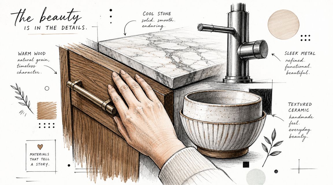 En kunstnerisk illustration af køkkeninteriør med fokus på træskab, stenbordplade, metalvandhane og en keramisk vask.