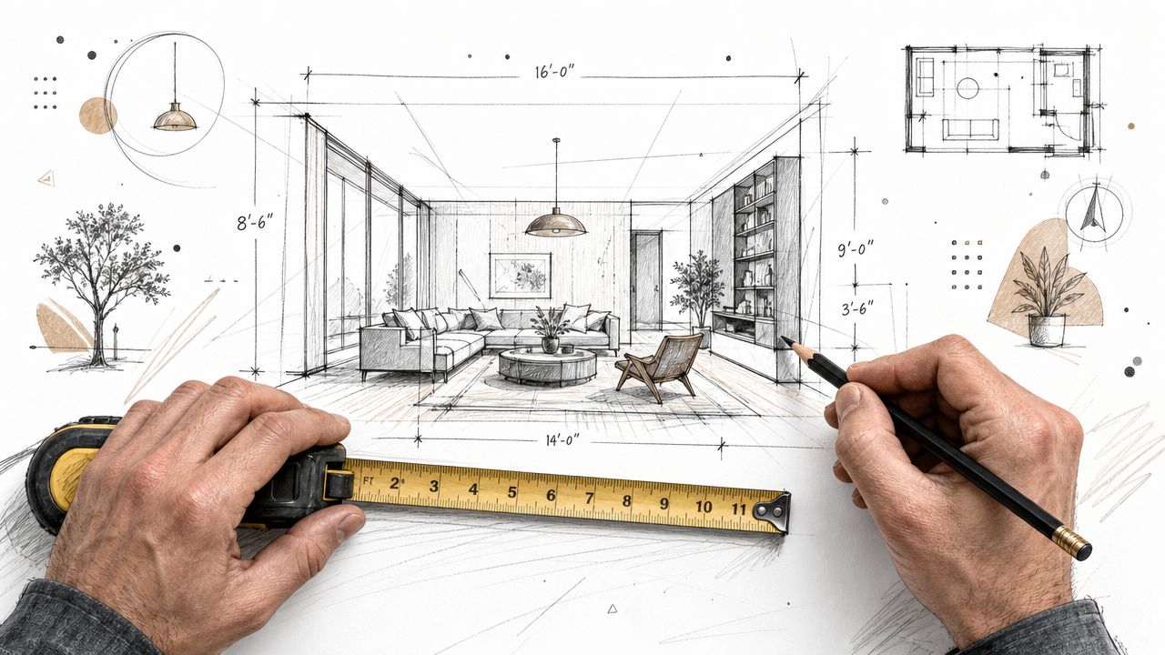 Hænder der måler en arkitektonisk skitse af en moderne stue med reolsystem og sofa ved hjælp af målebånd.