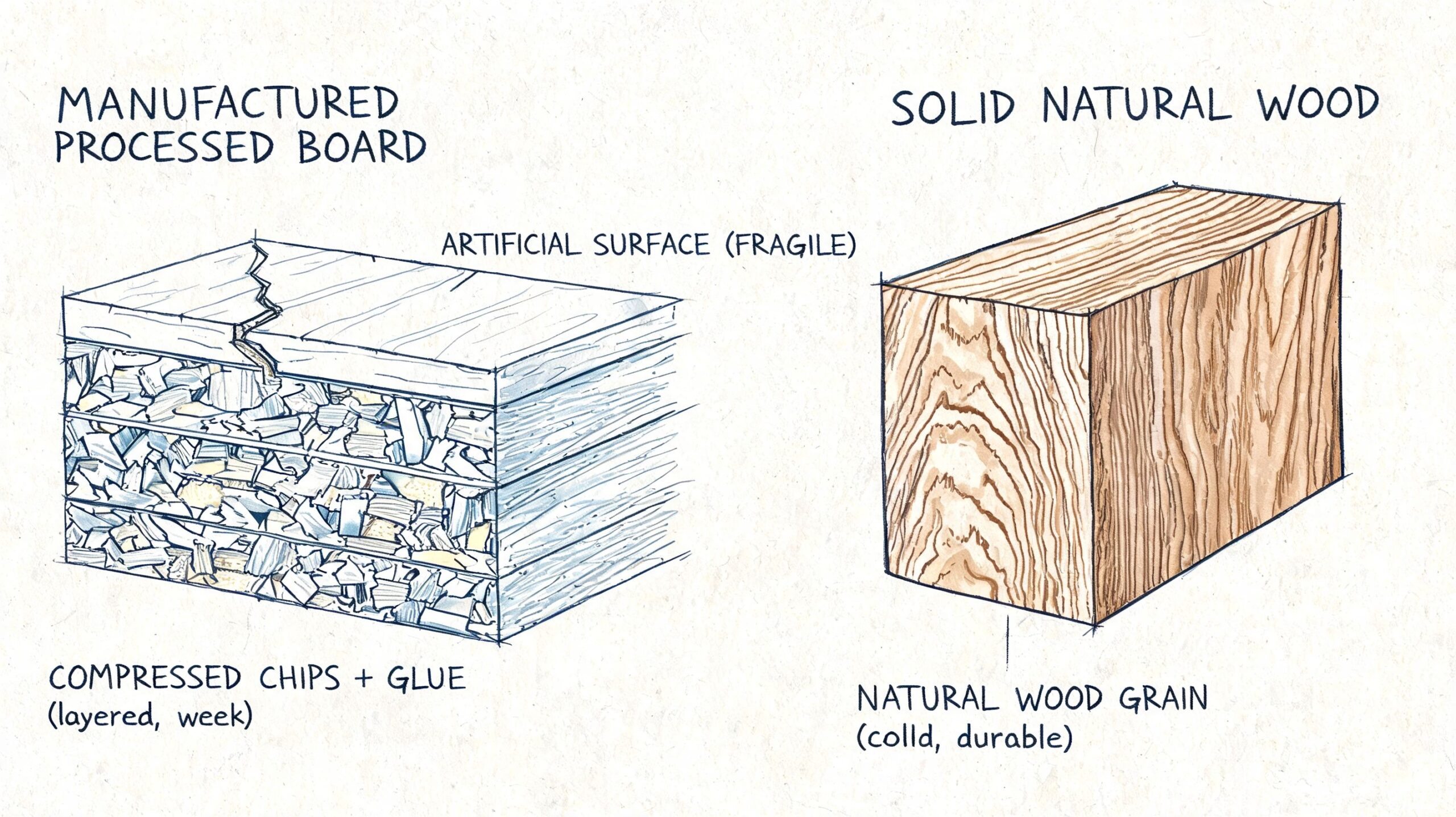 Illustration der sammenligner forskellene mellem fremstillet spånplade og massivt naturtræ til møbelproduktion eller køkkendesign.