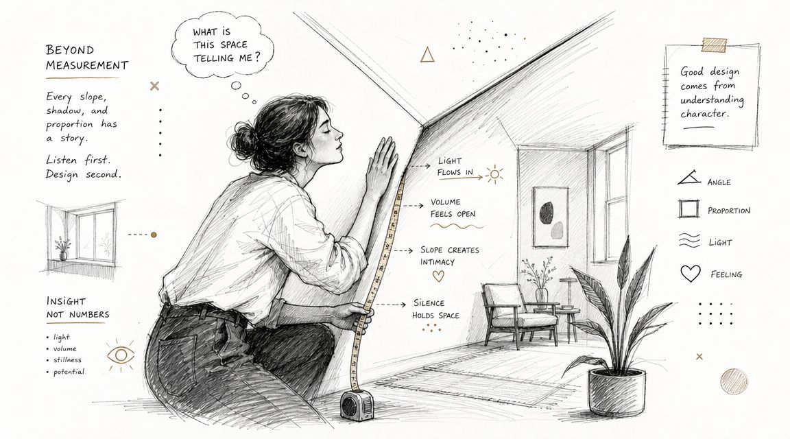 En illustration af en kvinde, der måler en skråvæg i et rum med fokus på designfilosofi.