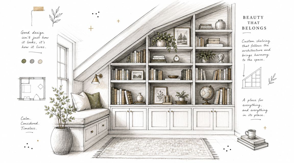 En elegant tegnet reol til skråvæg med en hyggelig læsekrog og plads til bøger og dekorationer.