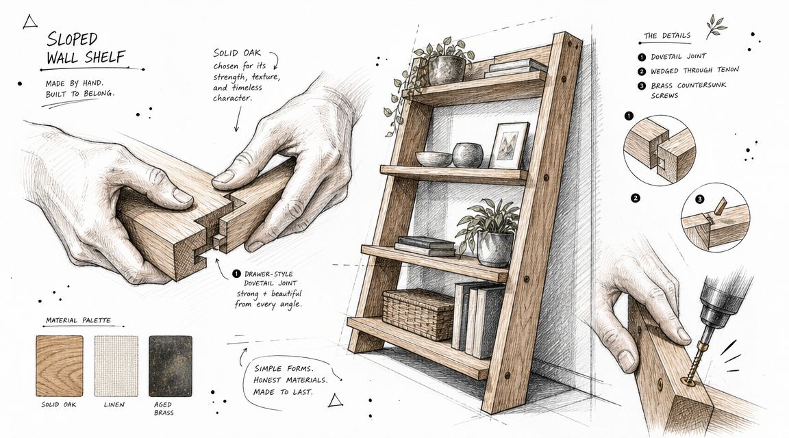 Illustration af en håndlavet skråvægsreol i egetræ med detaljerede tegninger af samlinger og materialer.