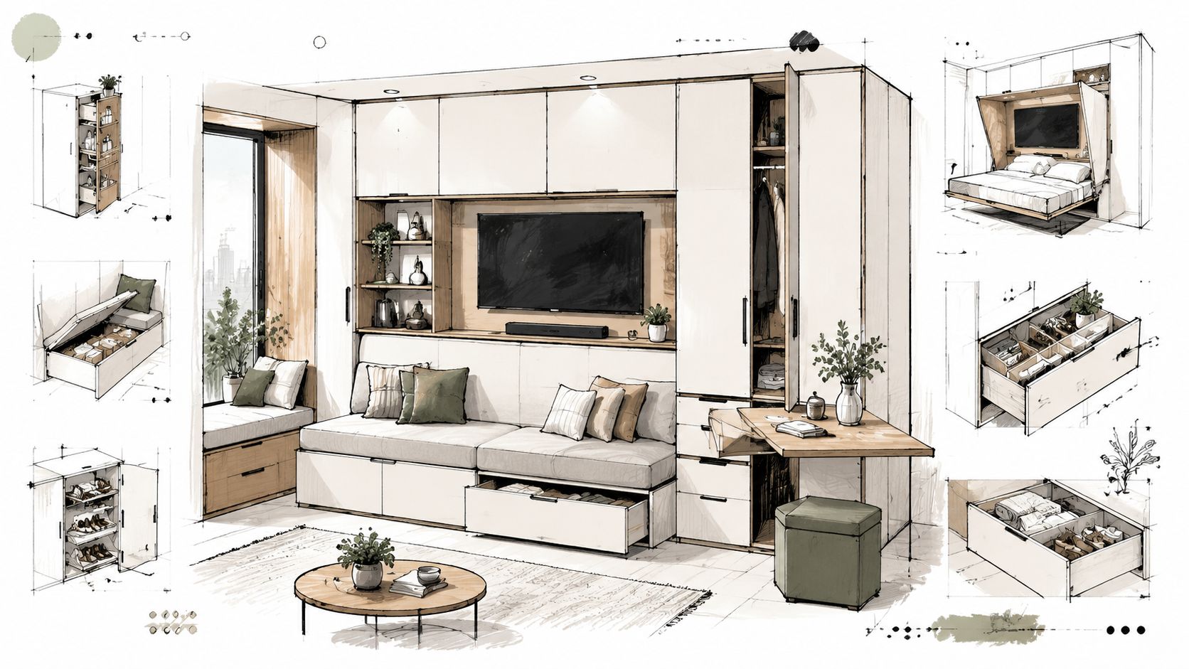 Moderne og pladsbesparende indretning af lille lejlighed med multifunktionelle møbler som indbygget seng, sofa og opbevaring.
