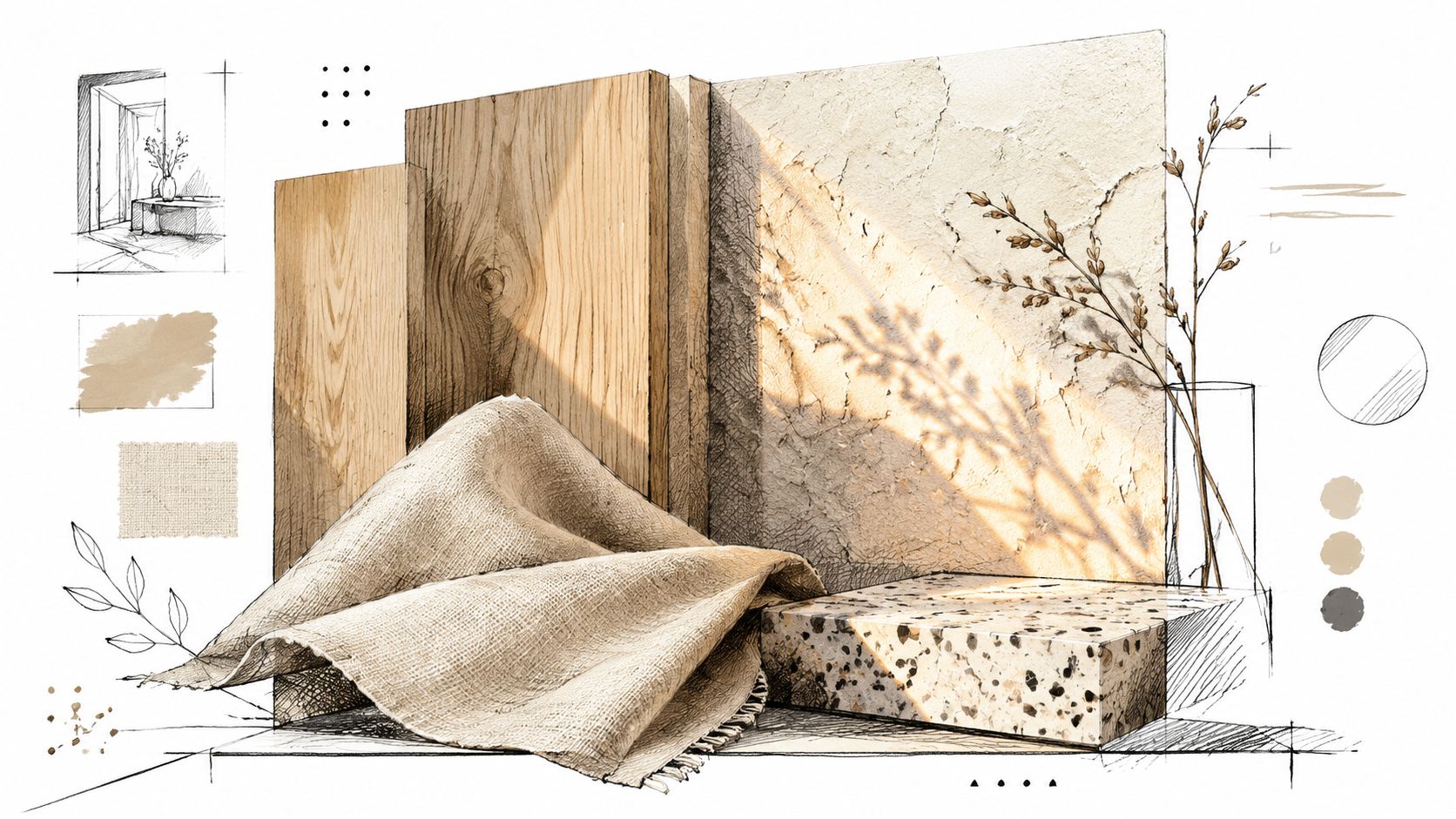 Et moodboard med naturmaterialer som træ, tekstiler og sten til indretning af en lille lejlighed.