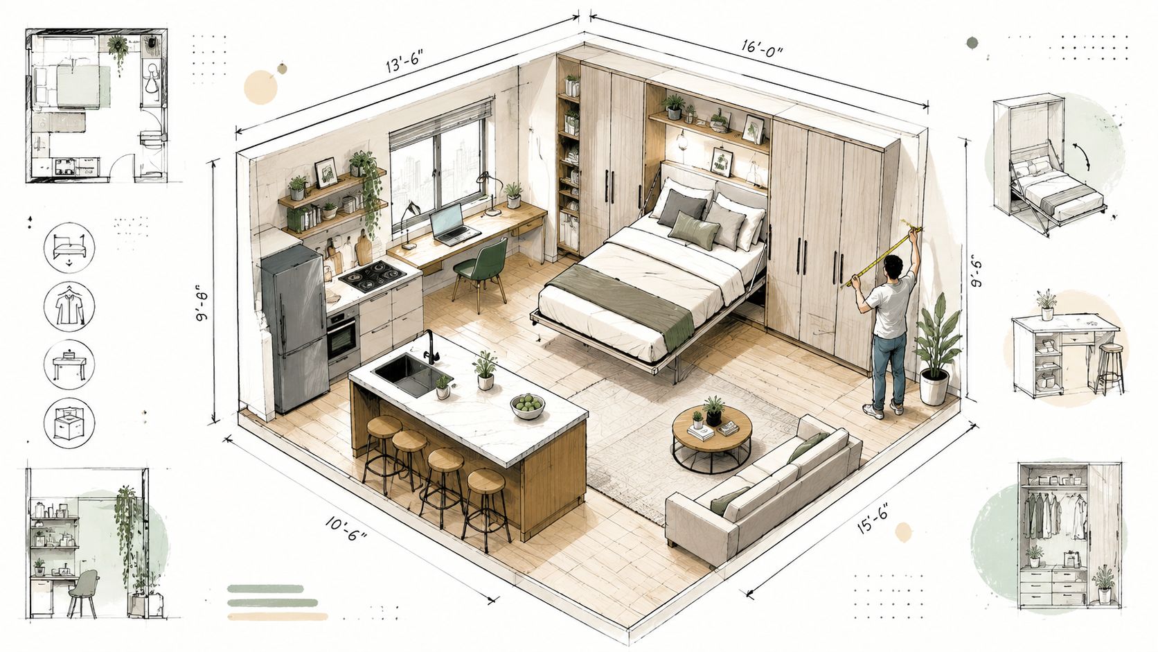 Illustration af et moderne soveværelse med specialfremstillede skabe og funktionelt layout.