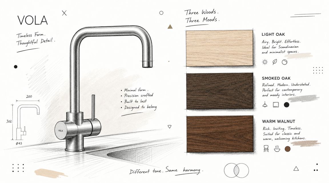 En skitse af et Vola armatur vist med tre forskellige træmaterialer som Light Oak, Smoked Oak og Warm Walnut.