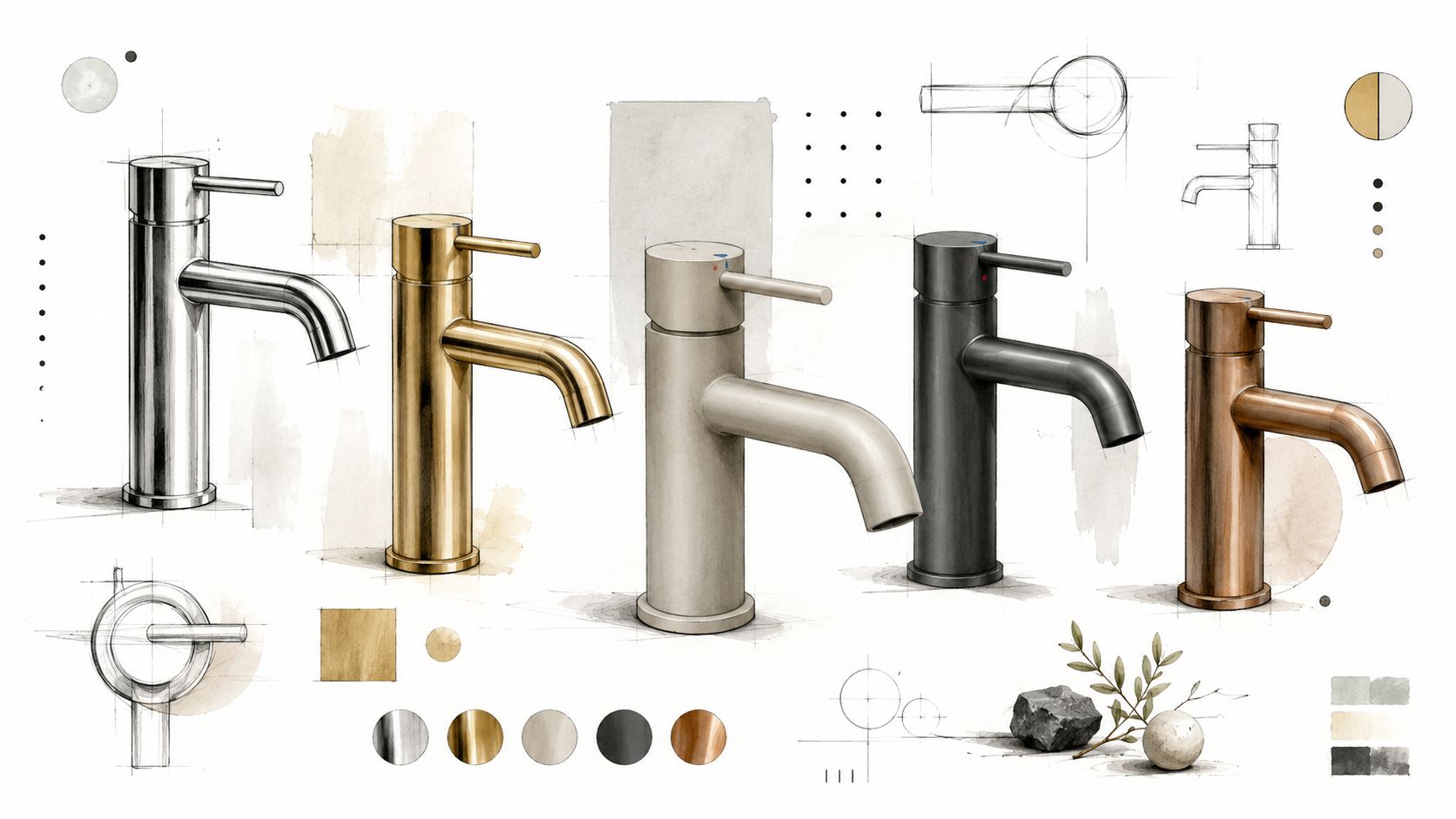 En samling af moderne armaturer i forskellige metalliske finish og farver vist som en designskitse.