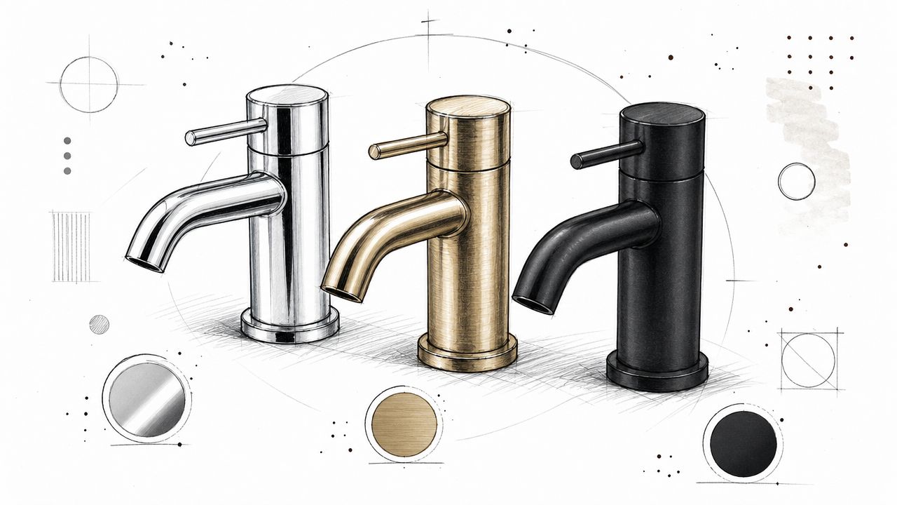 Tre forskellige moderne badeværelsesarmaturer i metalfinish.