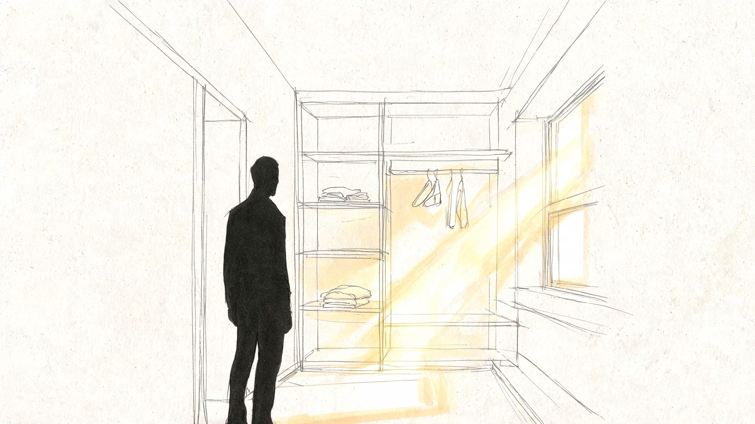 En silhuet af en person der står foran et minimalistisk walk-in closet med varmt sollys.