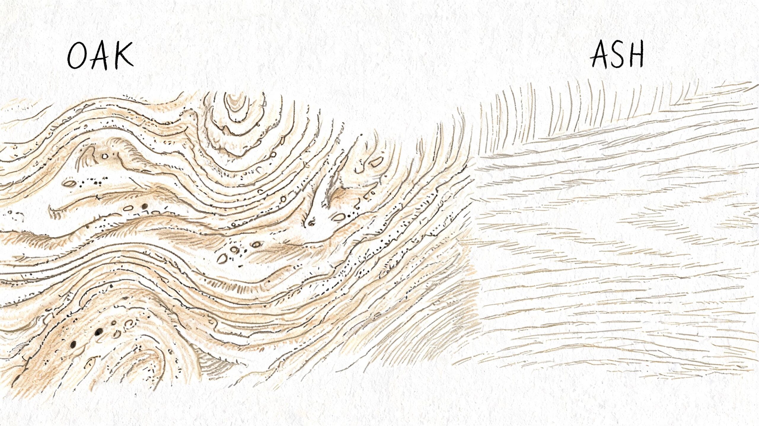 Illustration der viser forskellen i åretegninger og tekstur mellem egetræ og asketræ i en køkkenoverflade.