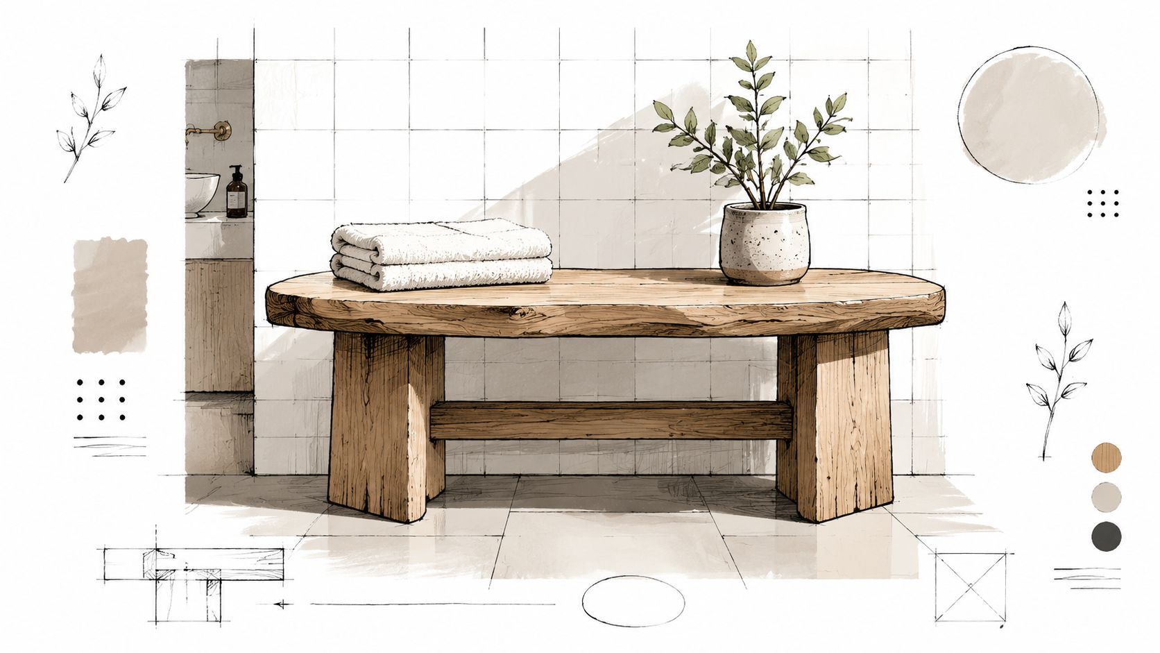 Rustikt træbord med planter, perfekt til moderne hjem og indretning.