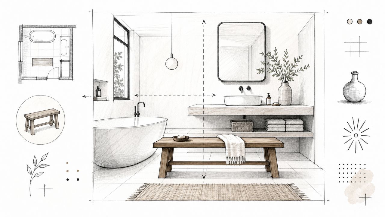 En arkitekttegning af et moderne badeværelse med et fritstående badekar, en træbænk og et elegant vaskearrangement.