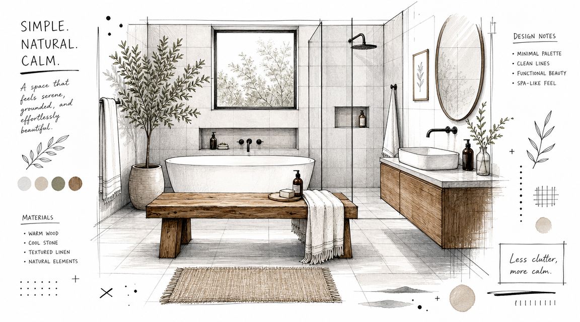 En arkitektonisk skitse af et moderne, roligt badeværelse med træbænk, naturlige materialer og en minimalistisk indretning.
