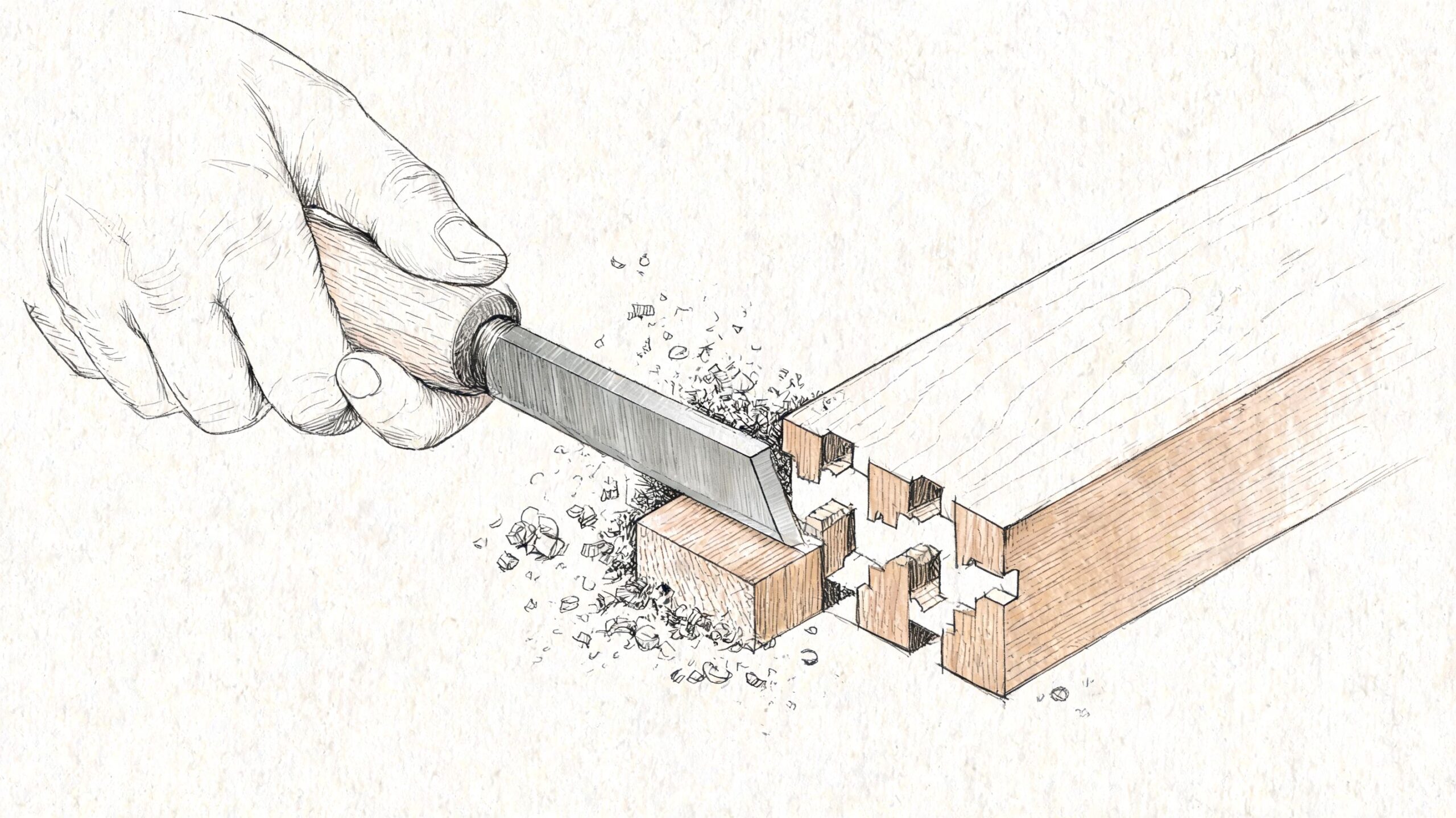 En detaljeret illustration af en hånd, der bruger et stemmejern til at skære en svalehalesamling i træ.