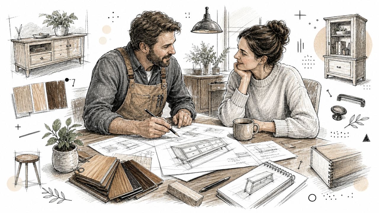 En snedker og en kvinde planlægger møbeldesign sammen ved et arbejdsbord med tegninger og træprøver i værkstedet.