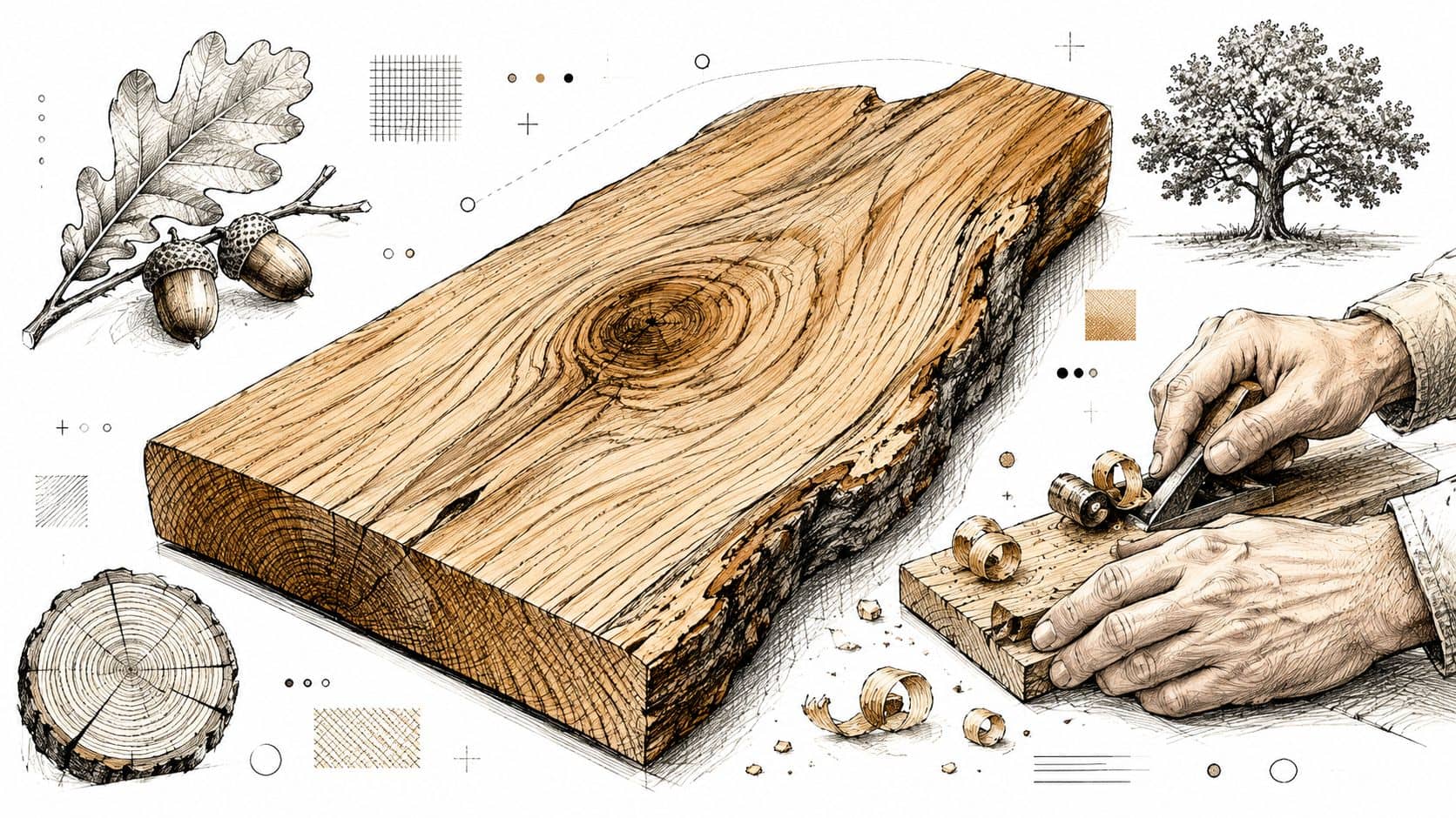 En detaljeret illustration af en snedker, der bearbejder et stykke egetræ med en håndhøvl i et værksted.