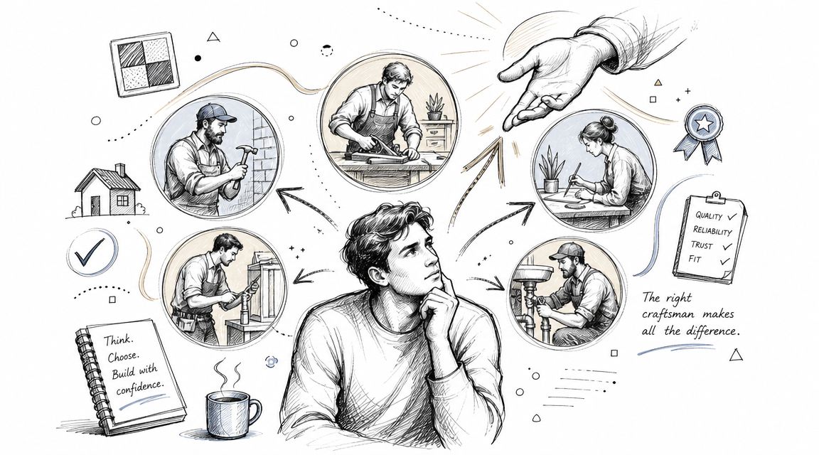 Illustration af en mand der overvejer valg af håndværkere til boligprojekter med fokus på kvalitet og tillid.
