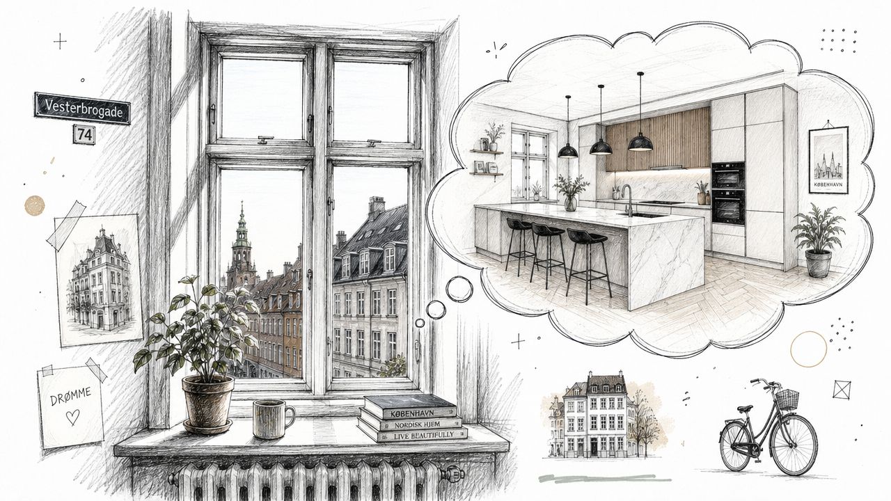 En kunstnerisk skitse af et københavnsk vindue med udsigt over byen, der viser et moderne drømmekøkken i tankeboblen.