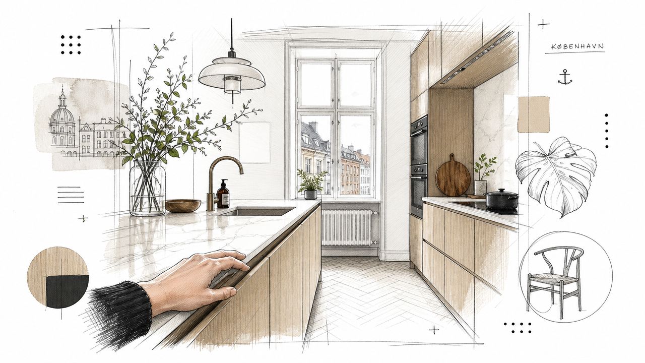 En kunstnerisk skitse af et moderne skandinavisk køkken med trædetaljer og udsigt til Københavns bygninger gennem vinduet.