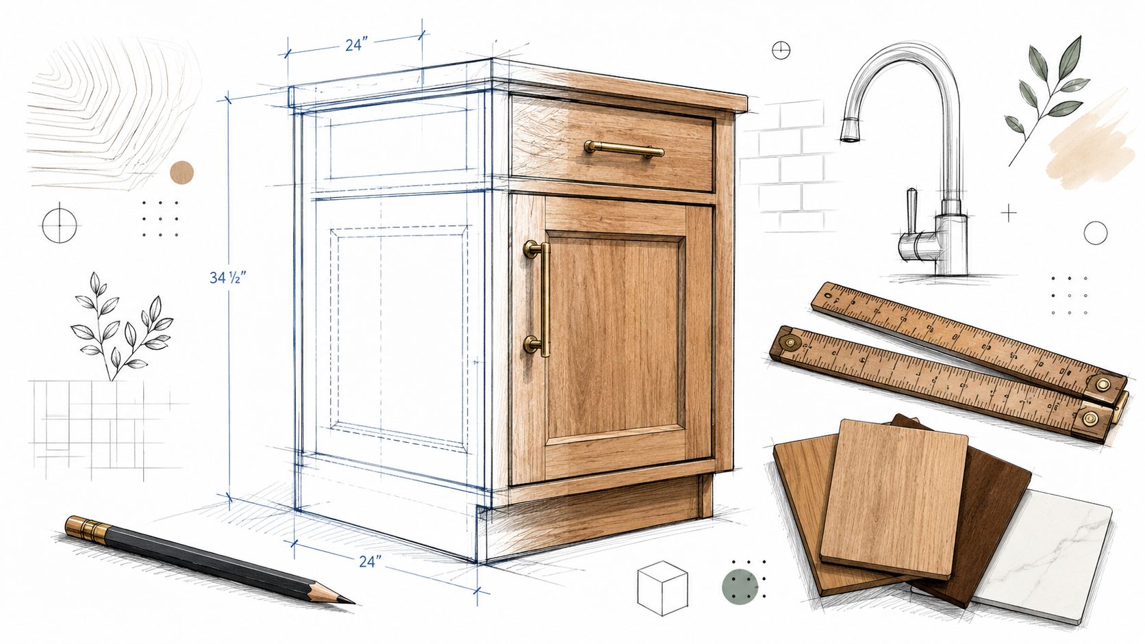 Skræddersyet træskab til køkken med klassisk design og naturligt træfinish.