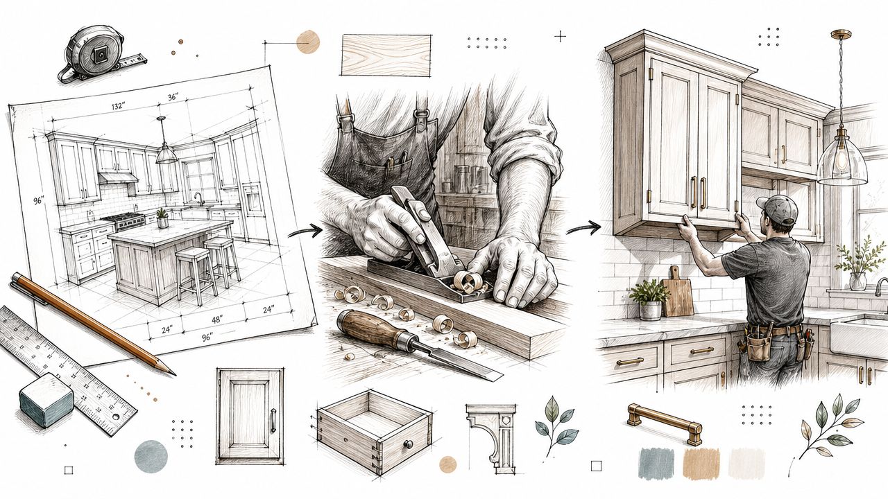 En illustration der viser processen fra plantegning af et nyt køkken til færdig montering af skabene.