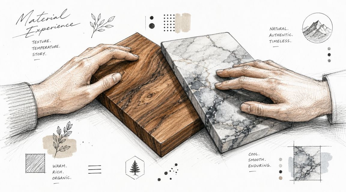 En kunstnerisk skitse af to hænder, der rører ved prøver af naturtræ og marmor til indretningsdesign.