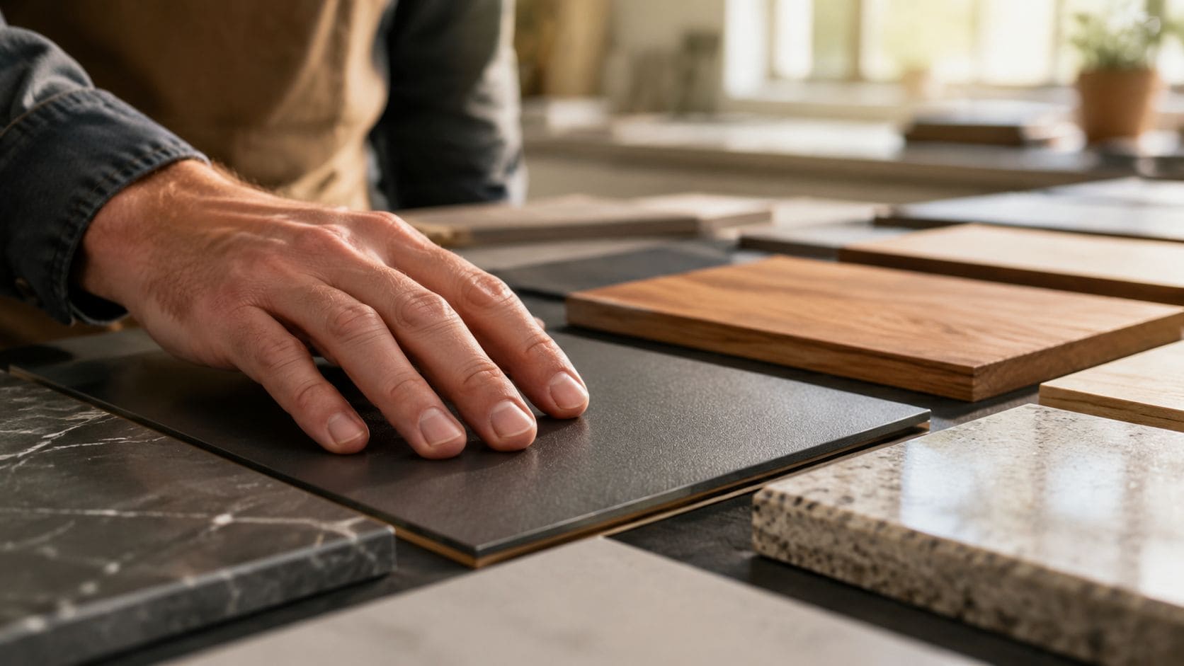 En hånd rører ved forskellige prøver af køkkenbordplader, herunder laminat, træ, marmor og granit i et showroom.