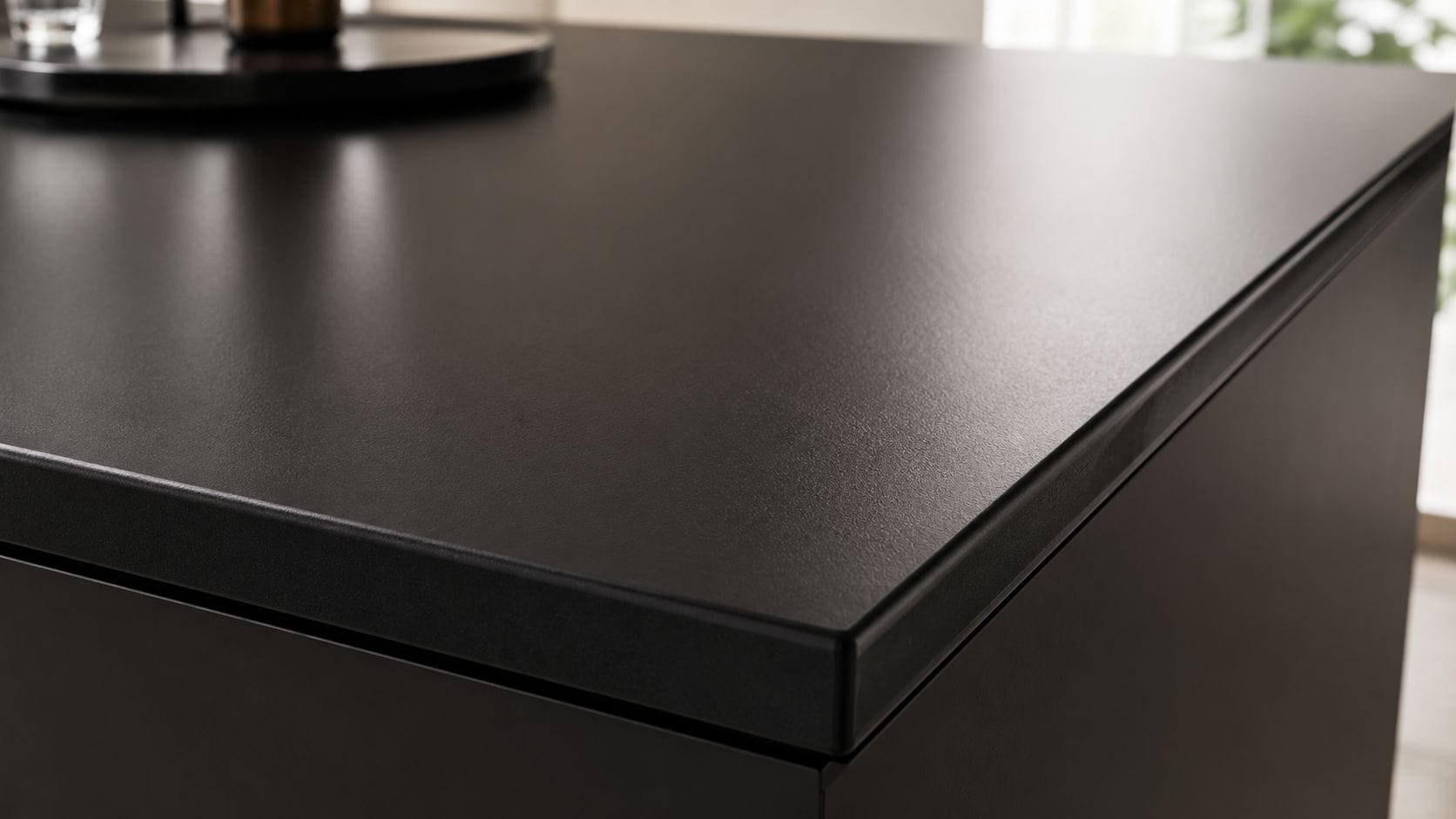 En elegant mørk laminat køkkenbordplade med en glat overflade og moderne minimalistisk design i et køkken.