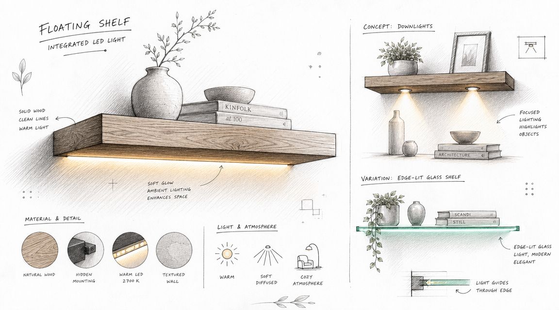 Elegant flydende hylde med integreret LED-lys, perfekt til moderne indretning.